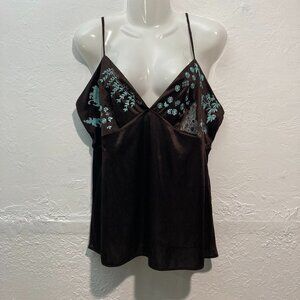 Natori Cruz Embroidered Camisole Top Adjustable Straps Brown Satin Babydoll XL